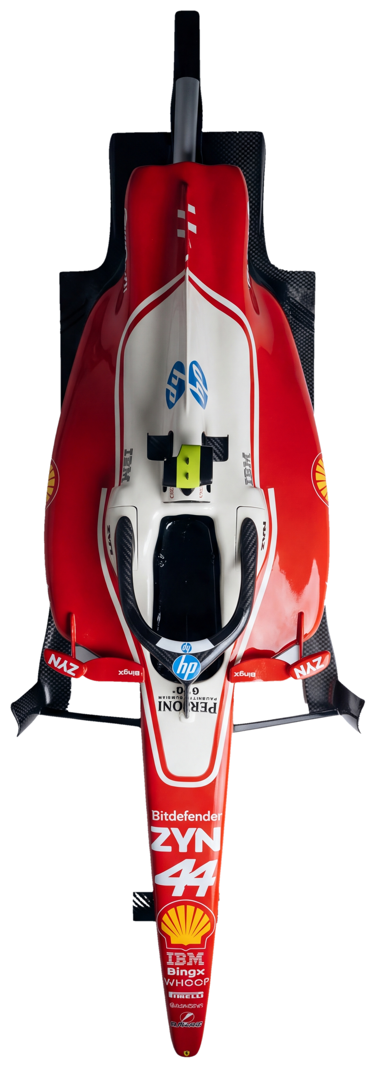 B Motorsports cockpit sculpture in Ferrari livery, front view from above, nose down