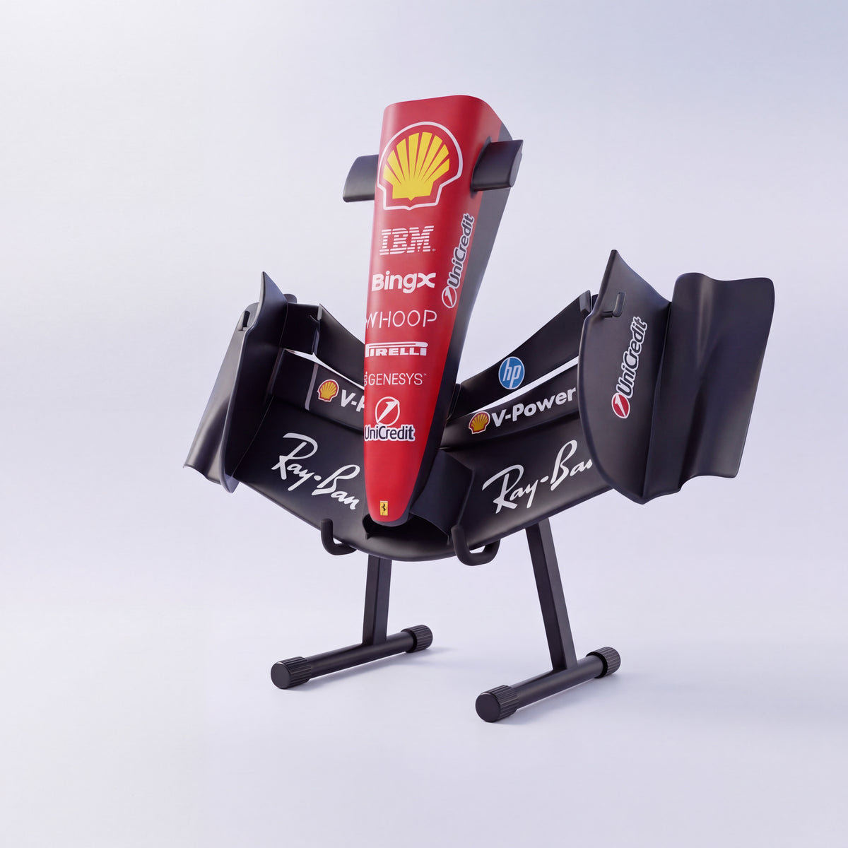 Matte black Ferrari-inspired front wing sculpture at an angle, raised on a black floor stand