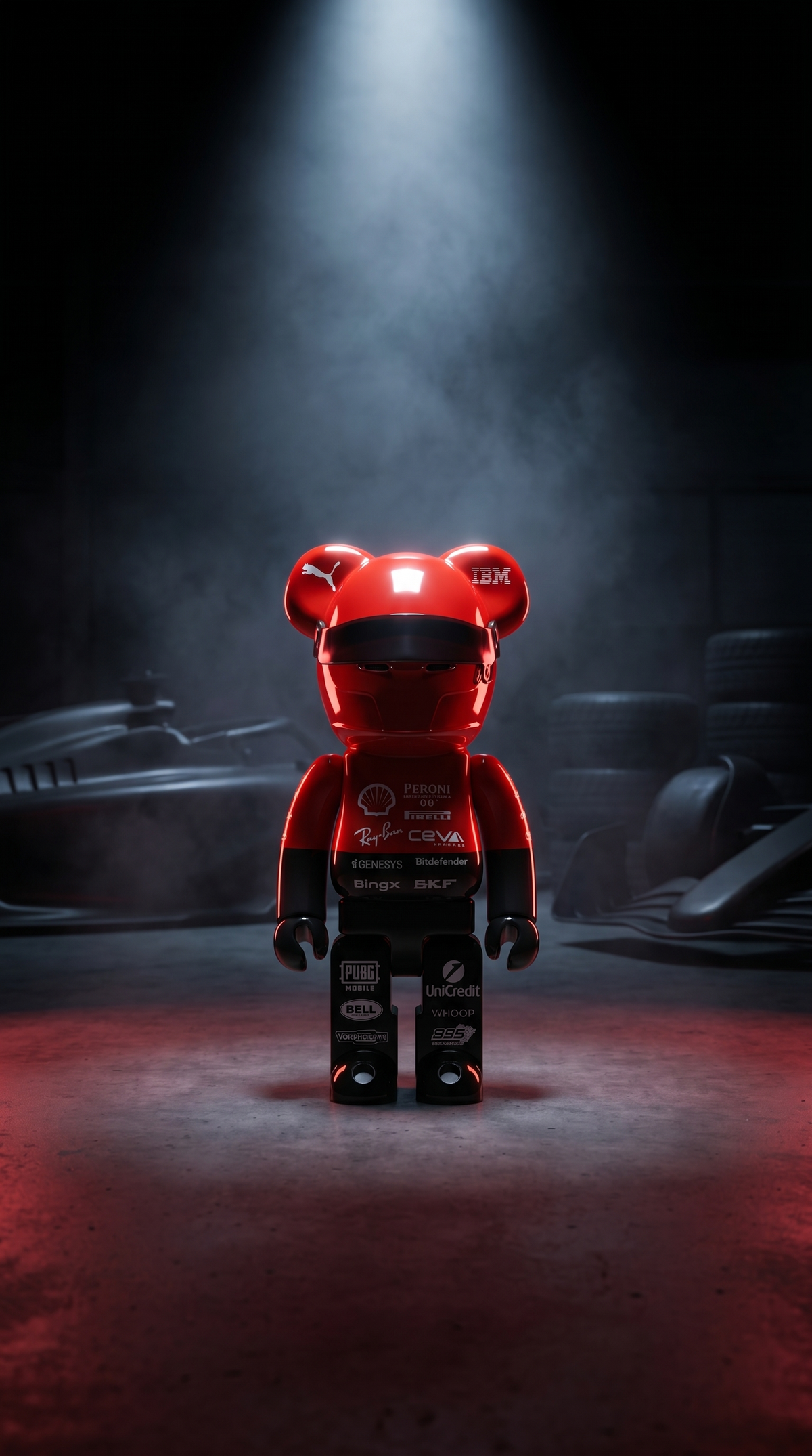 GridFig race helmet figure lit by an overhead spotlight in a dark garage