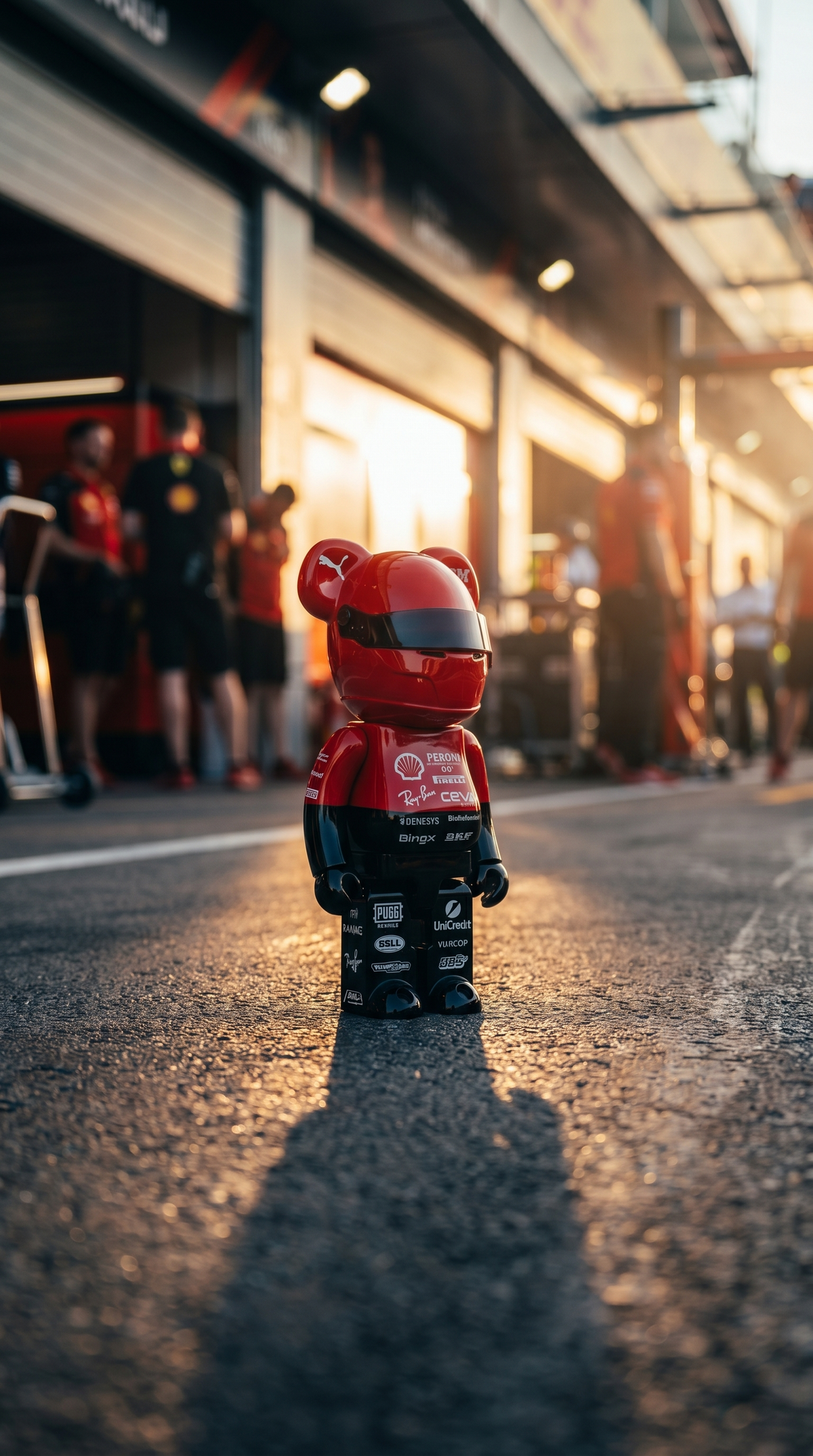 Ferrari-inspired GridFig collectible standing on pit lane tarmac at sunset, crew blurred behind