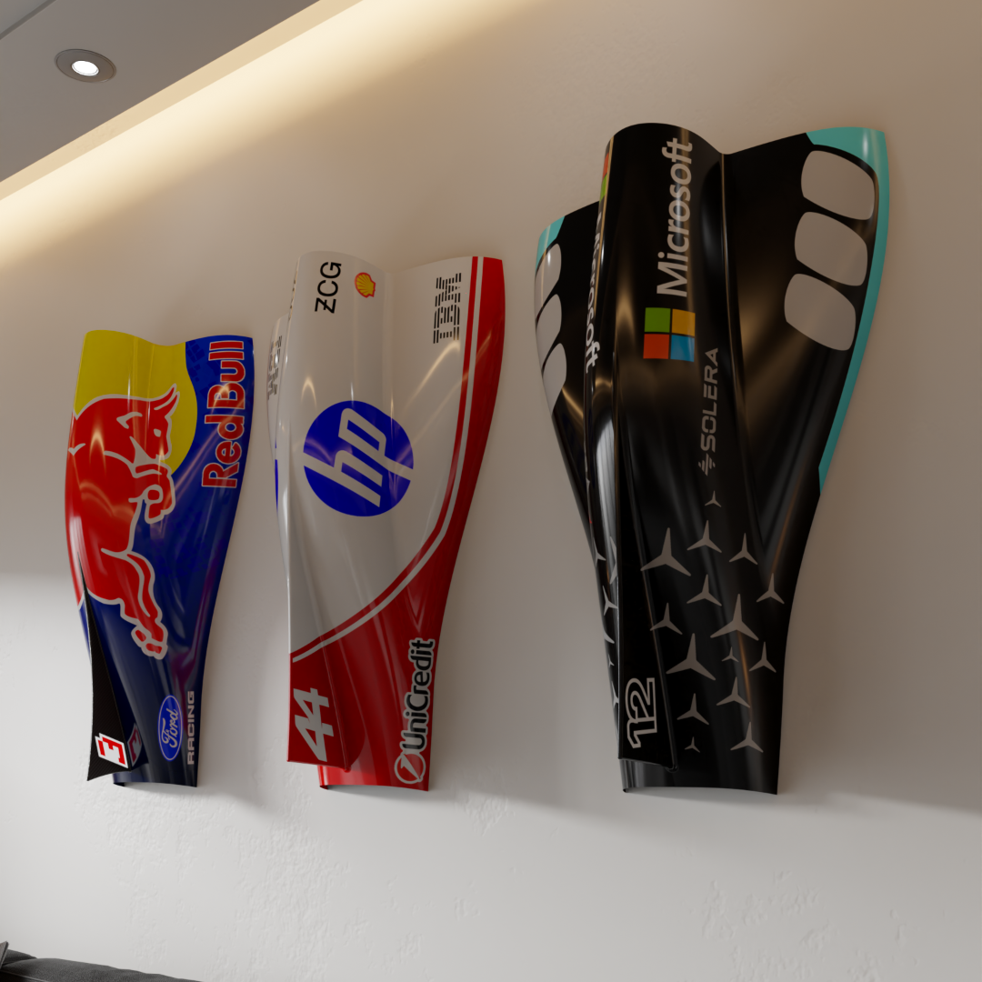 Mercedes-inspired engine cover wall art in the foreground of a warmly lit display wall