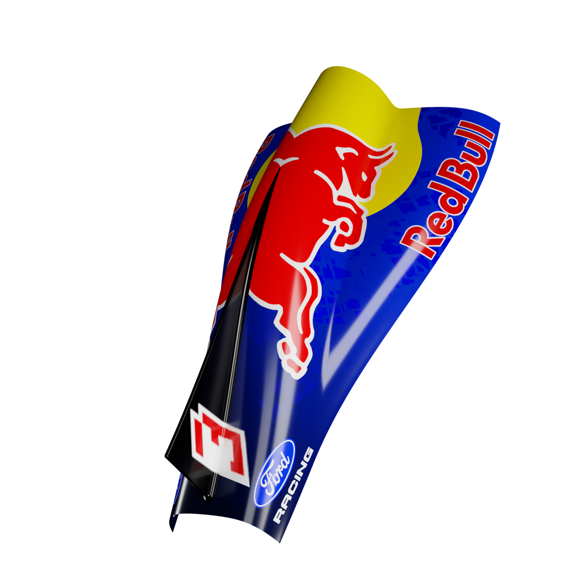 Blue and yellow Red Bull-inspired engine cover wall art tilted on a black background