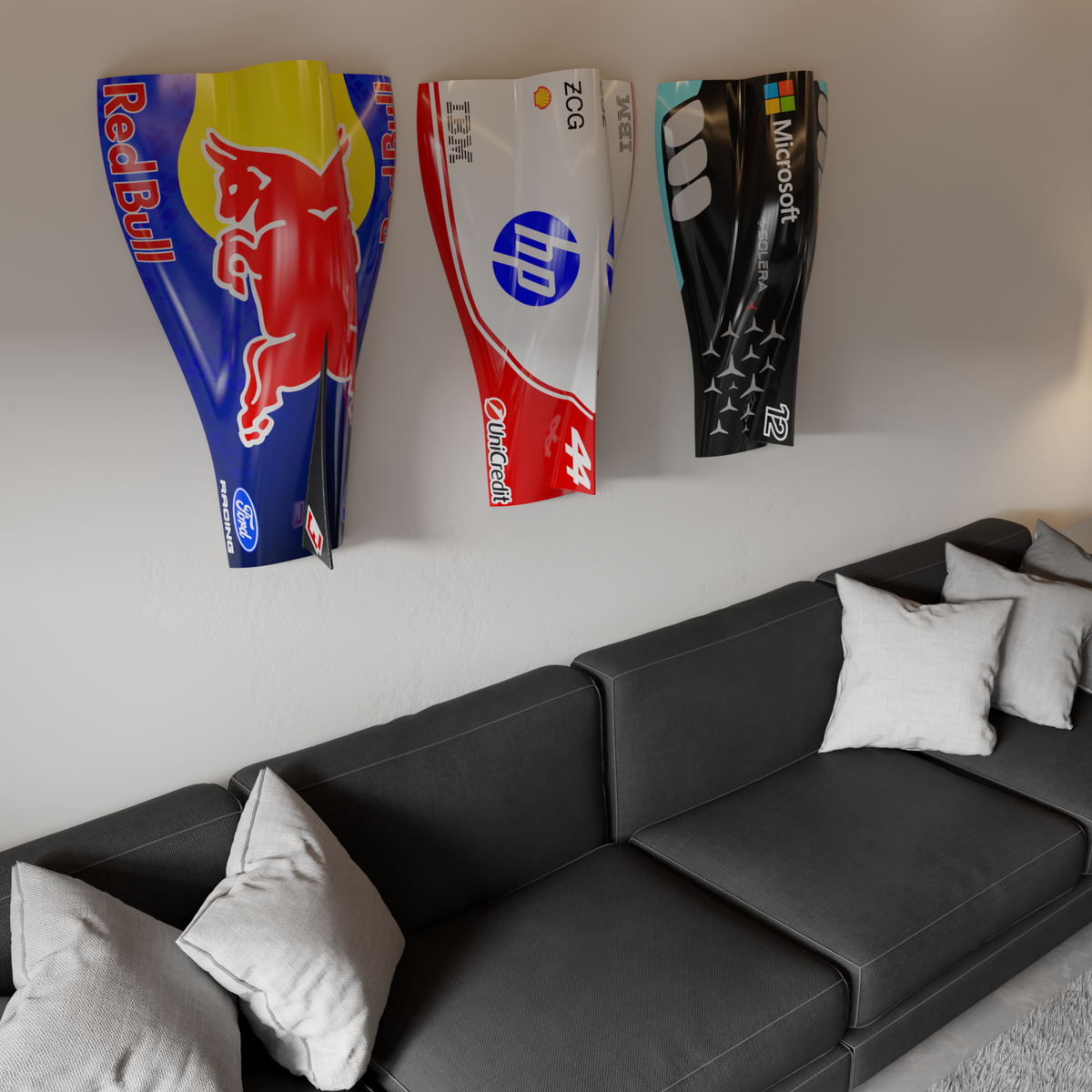 Angled view showing the Red Bull-inspired engine cover wall art standing proud of the wall