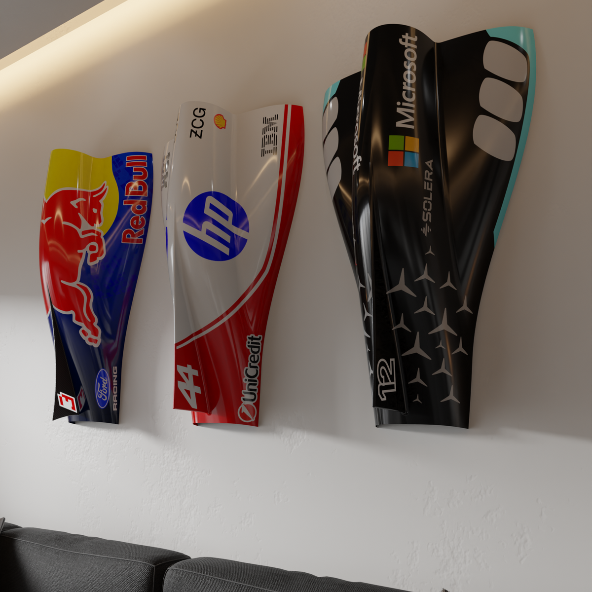 Side angle along a lit lounge wall, Red Bull-inspired engine cover art furthest away
